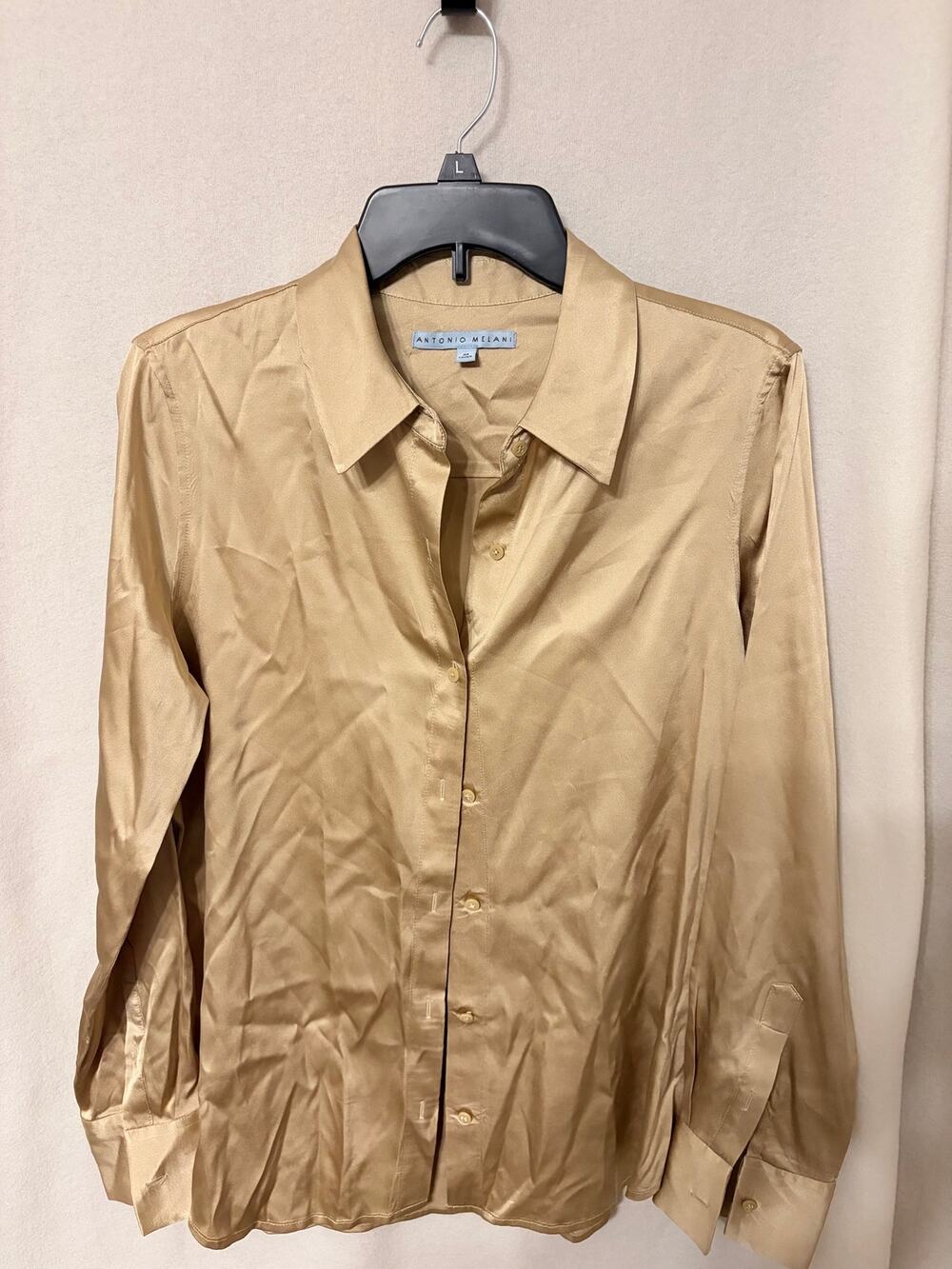 Antonio Melani Gold Satin Silk Button Down Blouse